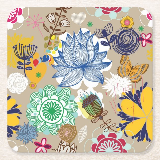 Floral pattern in retro style 3 square paper coaster (Front)