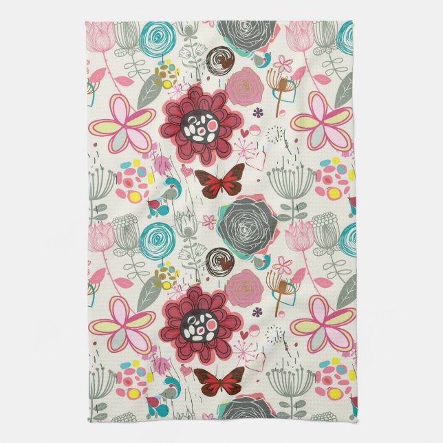 Floral pattern in retro style 5 tea towel (Vertical)