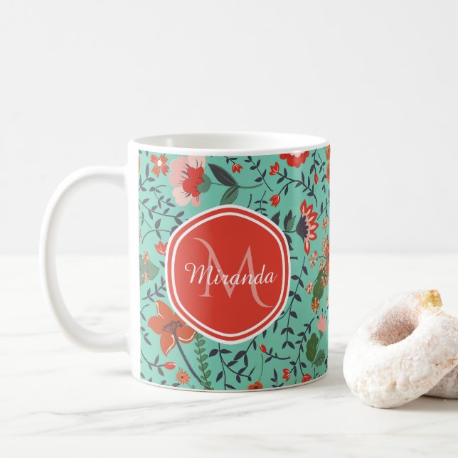 Floral Pattern in Teal and Orange and Red Monogram Coffee Mug (With Donut)