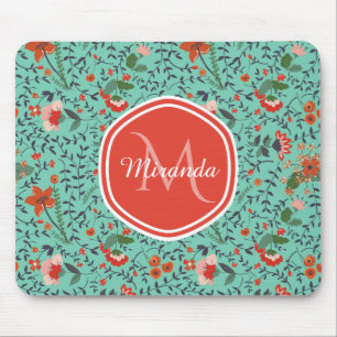Floral Pattern in Teal and Orange and Red Monogram Mouse Pad