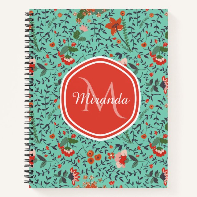 Floral Pattern in Teal and Orange and Red Monogram Notebook (Front)