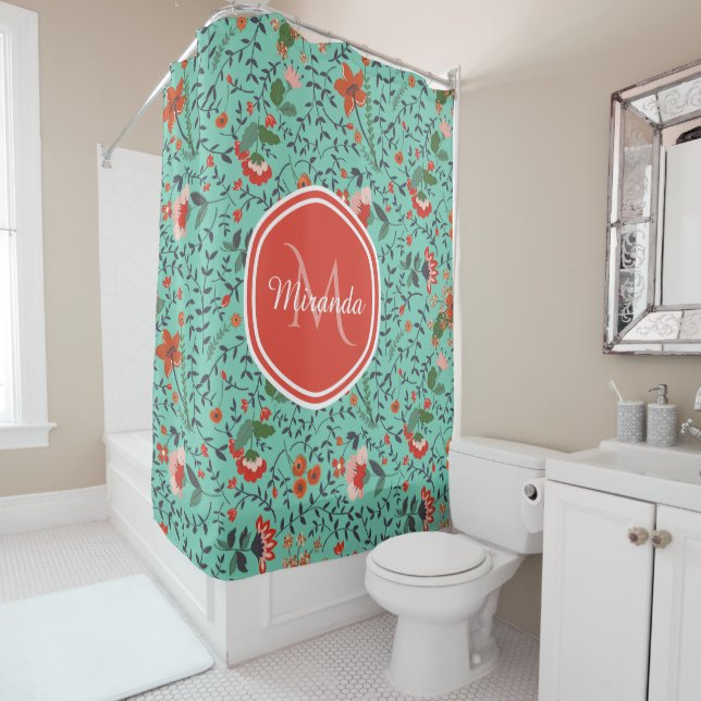 Floral Pattern in Teal and Orange and Red Monogram Shower Curtain (In Situ)