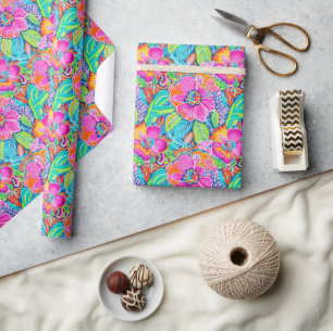 Floral Pattern in Vibrant Pink, Blue, Orange & Gre Wrapping Paper