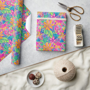 Floral Pattern in Vibrant Pink, Blue, Orange & Gre Wrapping Paper