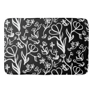 Floral Pattern in White on Black Bath Mat