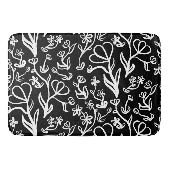Floral Pattern in White on Black Bath Mat (Front)