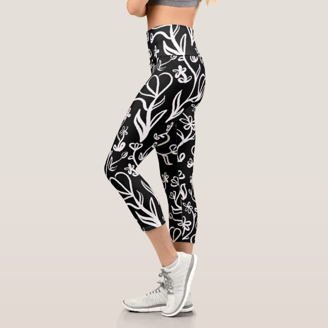 Floral Pattern in White on Black Capri Leggings (Left)