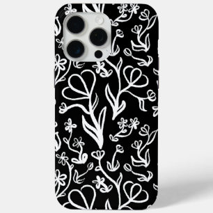 Floral Pattern in White on Black iPhone 15 Pro Max Case