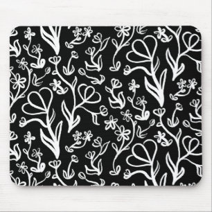 Floral Pattern in White on Black Mouse Pad