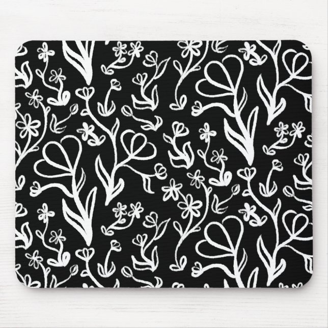 Floral Pattern in White on Black Mouse Pad (Front)