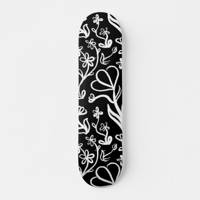 Floral Pattern in White on Black Skateboard (Front)