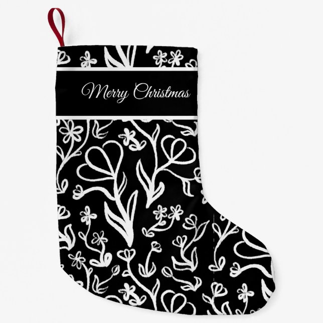 Floral Pattern in White on Black Small Christmas Stocking (Front)