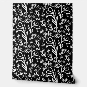 Floral Pattern in White on Black Wallpaper