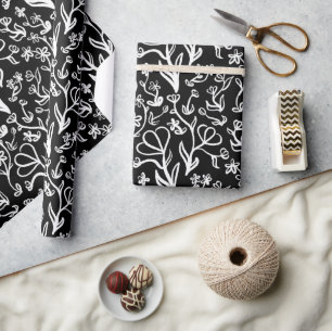 Floral Pattern in White on Black Wrapping Paper