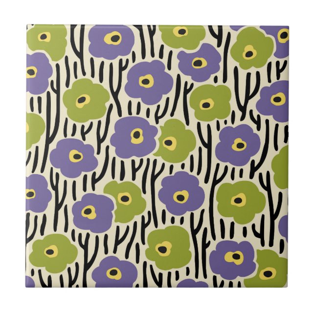 Floral Pattern Lavender and Olive Green Ceramic Tile (Front)