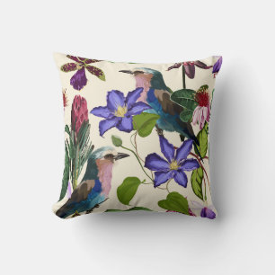 Floral pattern, leaves, bird, exotic flowers. cushion