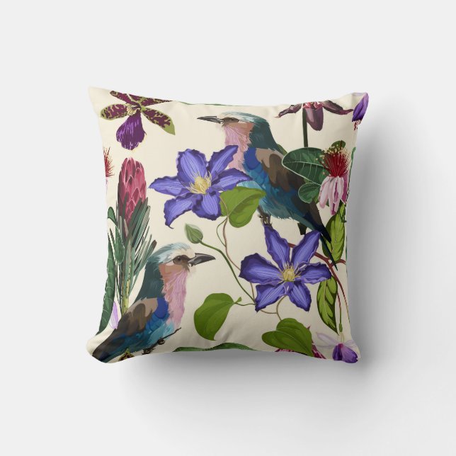 Floral pattern, leaves, bird, exotic flowers. cushion (Front)