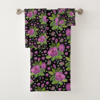 Floral Pattern Lilac Pink Green Black Bath Towel Set