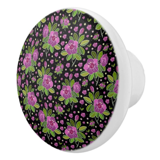 Floral Pattern Lilac Pink Green Black Ceramic Knob (Right)