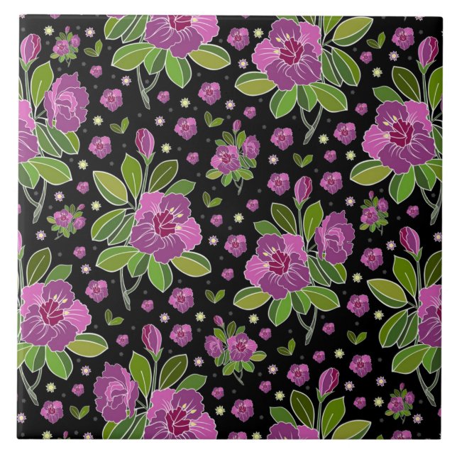 Floral Pattern Lilac Pink Green Black Ceramic Tile (Front)