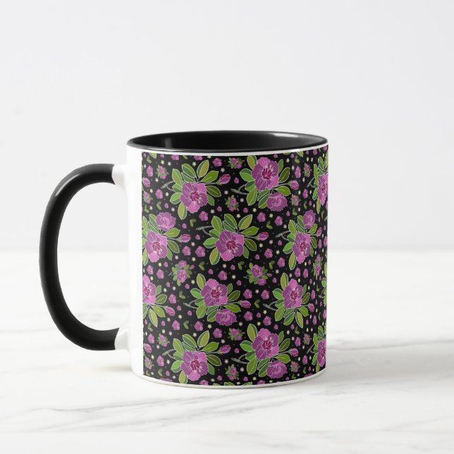 Floral Pattern Lilac Pink Green Black Mug (Left)