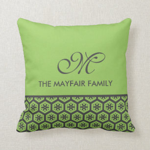 Floral Pattern Lime Green Grey Family Monogram Cushion