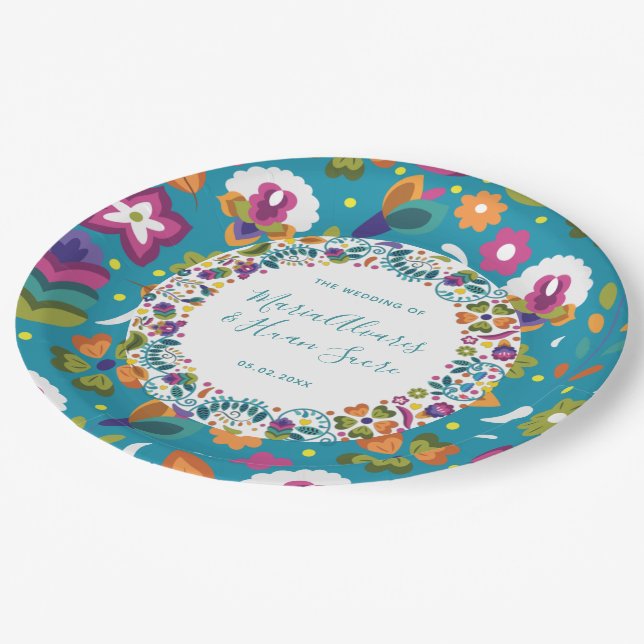 Floral Pattern Mexican Wedding Personalised Paper Plate (Angled)