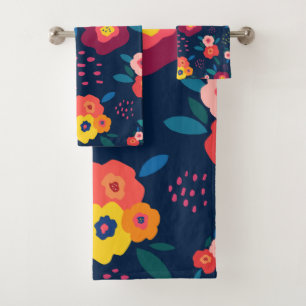 Floral Pattern Modern Blue Coral Yellow Bold Bath Towel Set