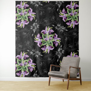 Floral Pattern Monochrome Cornflowers Orchid Tapestry