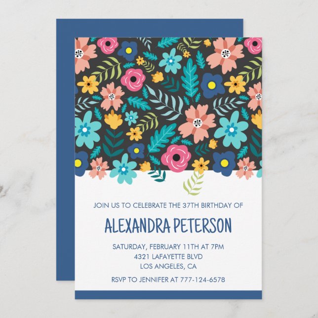 Floral Pattern Navy blue 37th birthday Invitation (Front/Back)