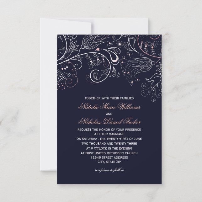 Floral Pattern Navy Tulip - 3x5 Wedding Invitation (Front)