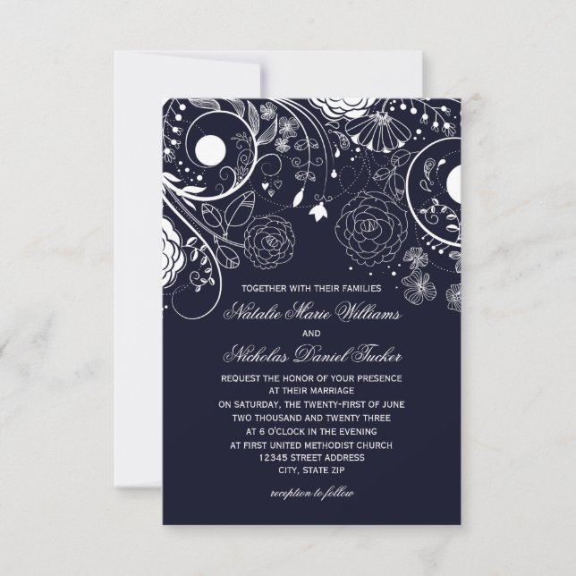 Floral Pattern Navy/White - 3x5 Wedding Invitation (Front)