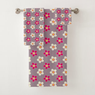 Floral pattern of crimson and white flowers on a c bath towel set