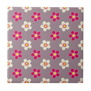 Floral pattern of crimson and white flowers on a c ceramic tile