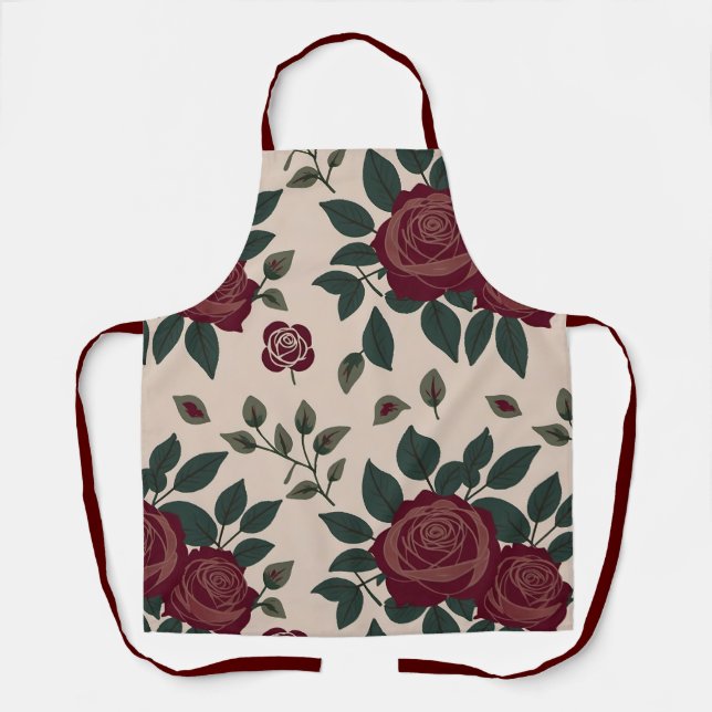 Floral Pattern Of Dark Red Roses With Green Leaves Apron (Front)