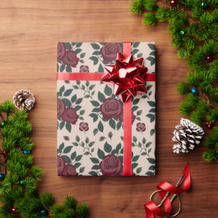 Floral Pattern Of Dark Red Roses With Green Leaves Wrapping Paper