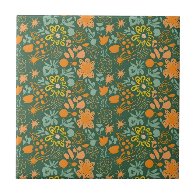 Floral pattern on a dark green background  ceramic tile (Front)