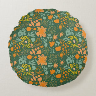 Floral pattern on a dark green background round cushion