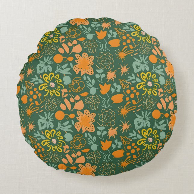 Floral pattern on a dark green background  round cushion (Front)