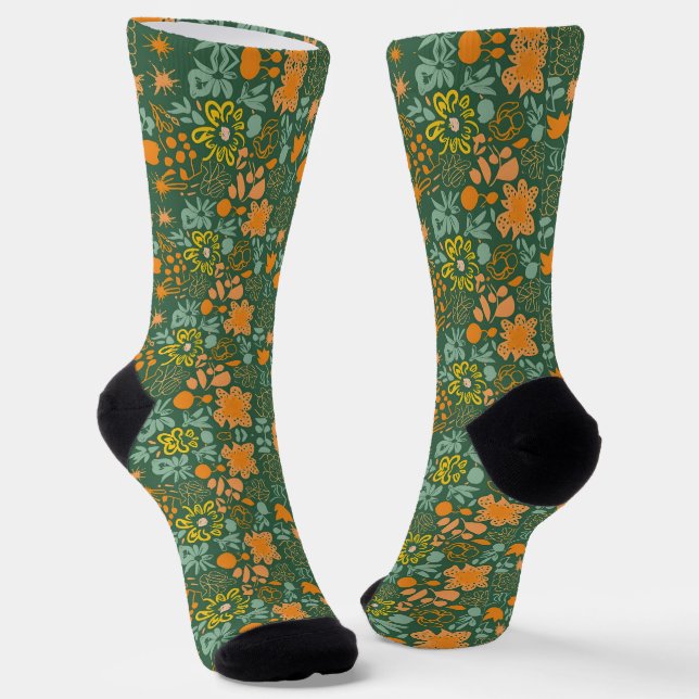 Floral pattern on a dark green background  socks (Angled)
