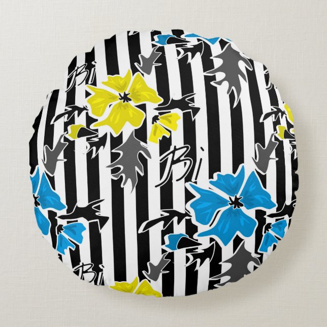 Floral pattern on black striped background round cushion (Front)