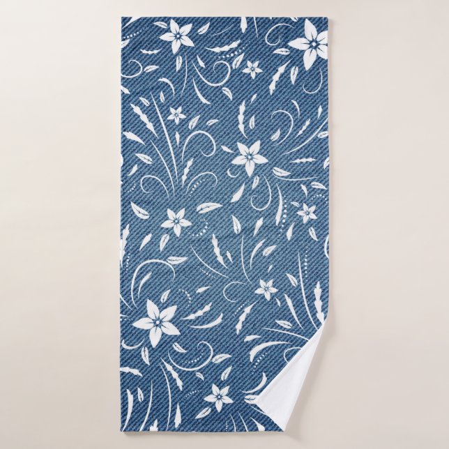 Floral pattern on denim bath towel (Bath Towel)