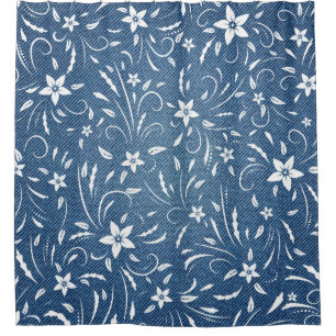 Floral pattern on denim shower curtain