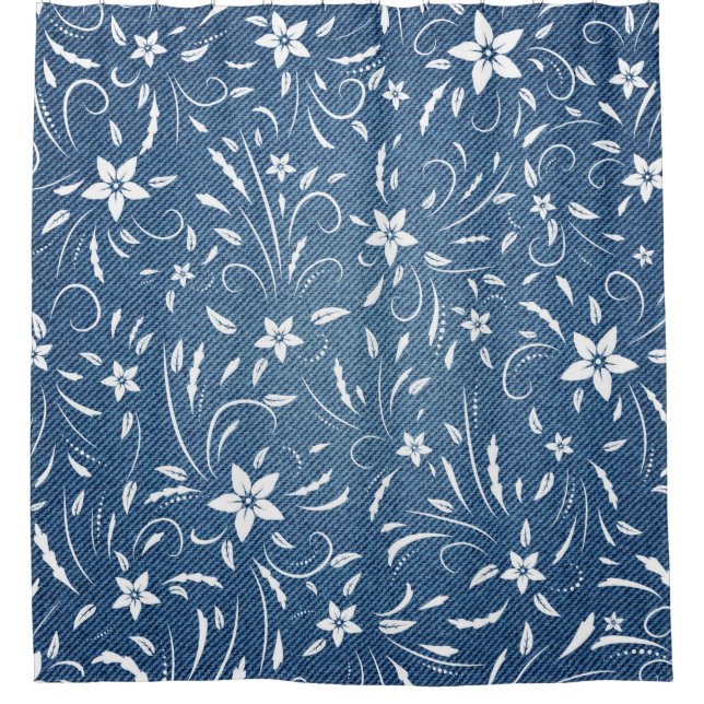 Floral pattern on denim shower curtain (Front)