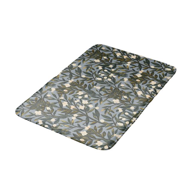 Floral pattern on  dusty blue-gray background bath mat (Angled)
