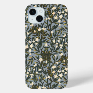 Floral pattern on dusty blue-gray background iPhone 15 mini case