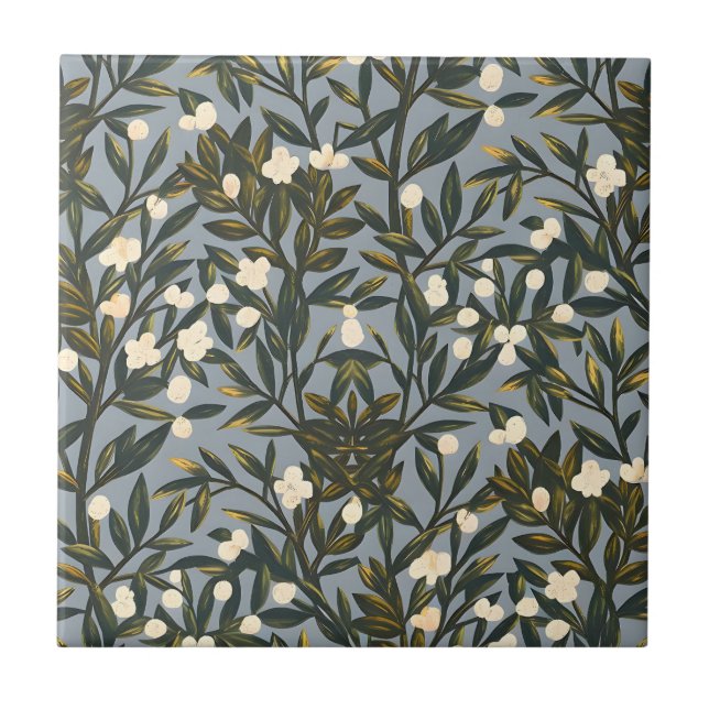 Floral pattern on  dusty blue-gray background ceramic tile (Front)