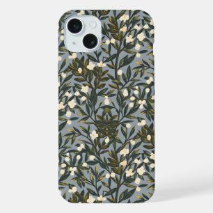 Floral pattern on dusty blue-gray background iPhone 15 plus case