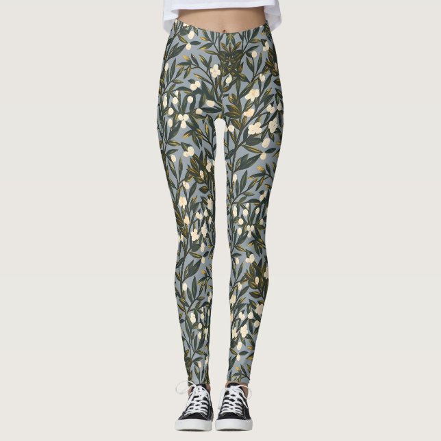 Floral pattern on  dusty blue-gray background leggings (Front)