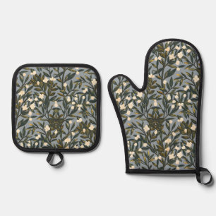 Floral pattern on dusty blue-gray background oven mitt & pot holder set